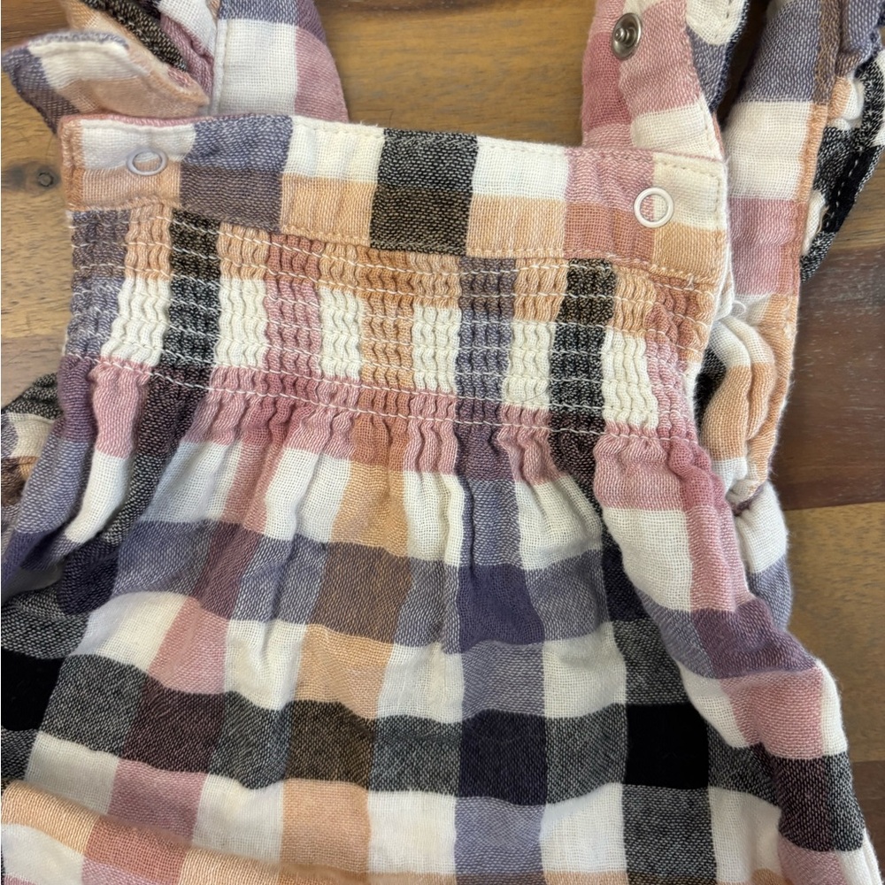 Angel Dear Checkered Overalls in Pink, Black, and Cream